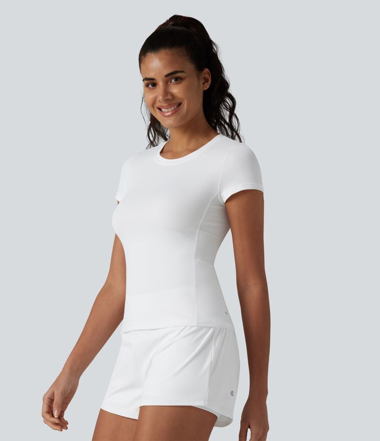 Round Neck Short Sleeve Cool Touch Running Sports Top with Pockets-UPF50+