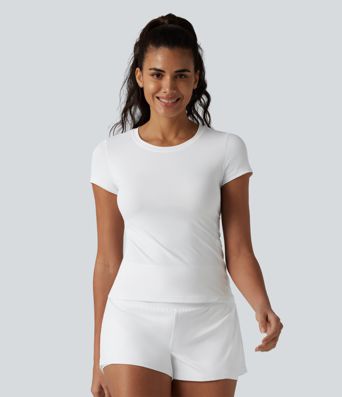 Round Neck Short Sleeve Cool Touch Running Sports Top with Pockets-UPF50+