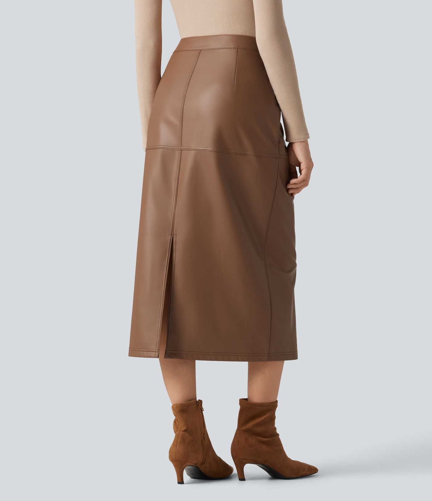 High Waisted Invisible Zipper Split Stretchy PU Fleece Midi Work Pencil Skirt