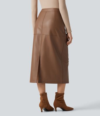 High Waisted Invisible Zipper Split Stretchy PU Fleece Midi Work Pencil Skirt