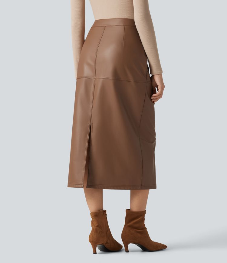 High Waisted Invisible Zipper Split Stretchy PU Fleece Midi Work Pencil Skirt