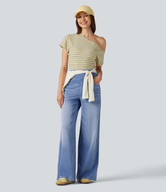 Halara Flex™ High Waisted Wide Leg Washed Casual Jeans with Pockets