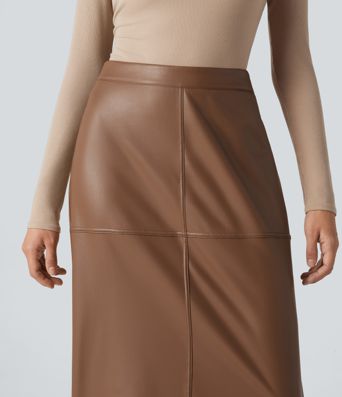 High Waisted Invisible Zipper Split Stretchy PU Fleece Midi Work Pencil Skirt