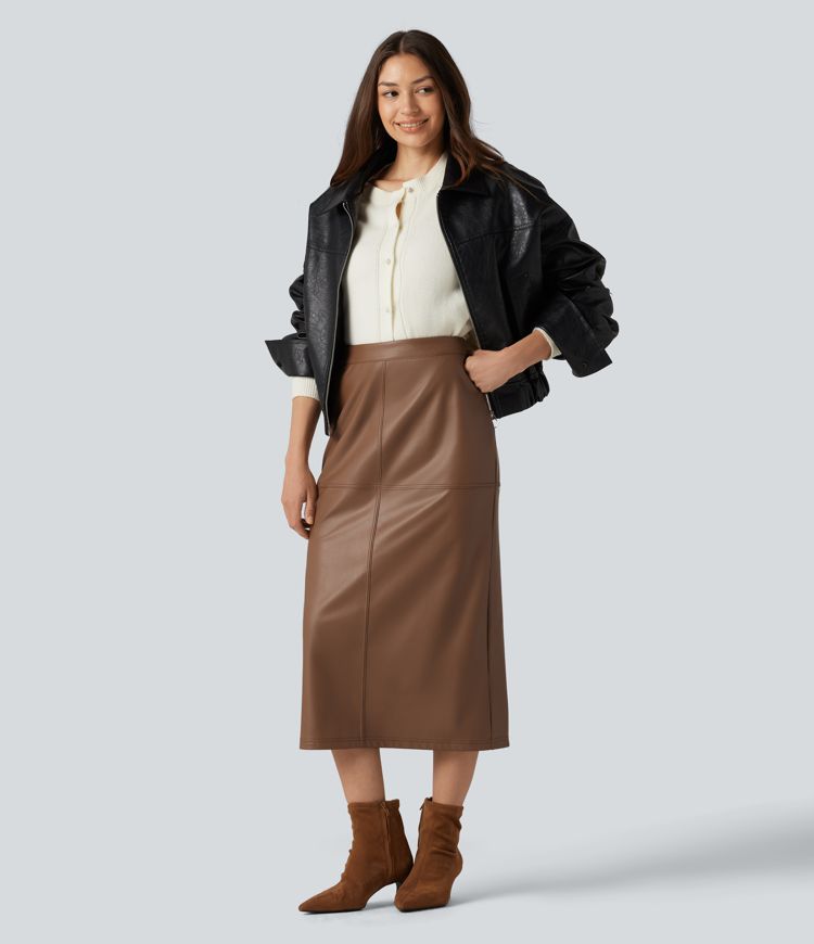 High Waisted Invisible Zipper Split Stretchy PU Fleece Midi Work Pencil Skirt