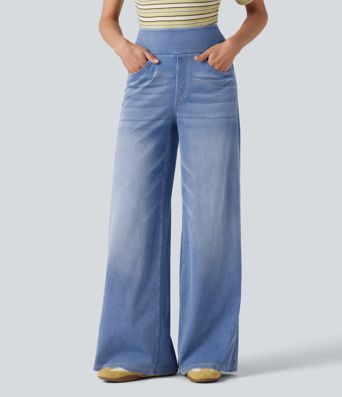 Halara Flex™ High Waisted Wide Leg Washed Casual Jeans with Pockets