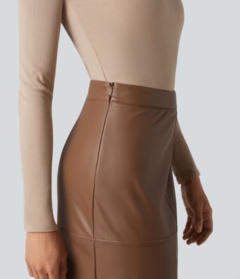 High Waisted Invisible Zipper Split Stretchy PU Fleece Midi Work Pencil Skirt