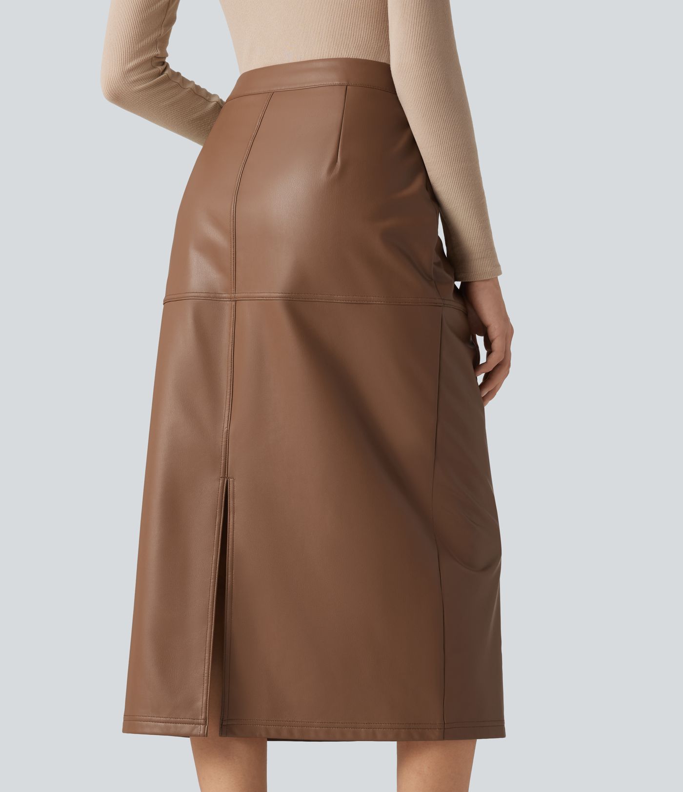 High Waisted Invisible Zipper Split Stretchy PU Fleece Midi Work Pencil Skirt