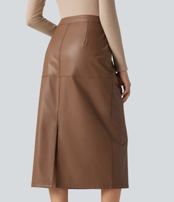 High Waisted Invisible Zipper Split Stretchy PU Fleece Midi Work Pencil Skirt