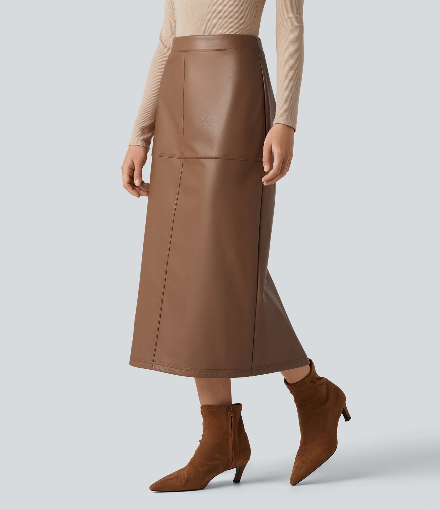 High Waisted Invisible Zipper Split Stretchy PU Fleece Midi Work Pencil Skirt