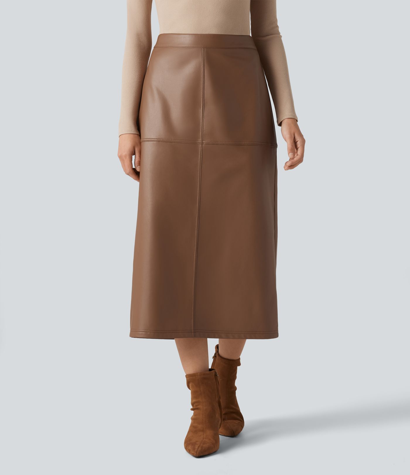 High Waisted Invisible Zipper Split Stretchy PU Fleece Midi Work Pencil Skirt