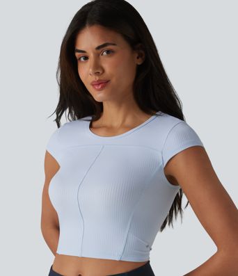 Ribbed Knit Round Neck Short Sleeve Cropped Yoga Sports Top