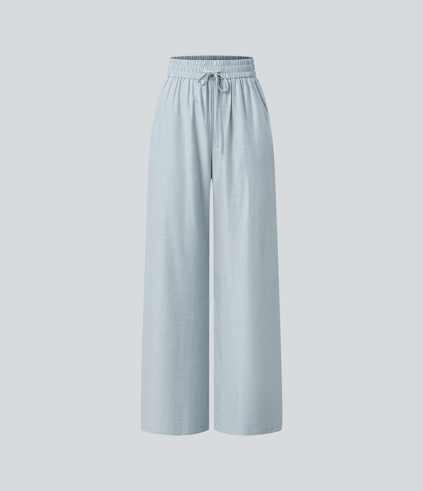 Pantalon casual large mélange lin taille haute avec cordon de serrage et poches