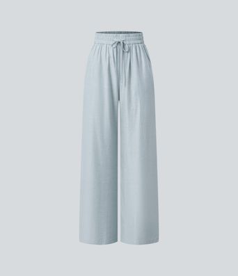 Pantalon casual large mélange lin taille haute avec cordon de serrage et poches