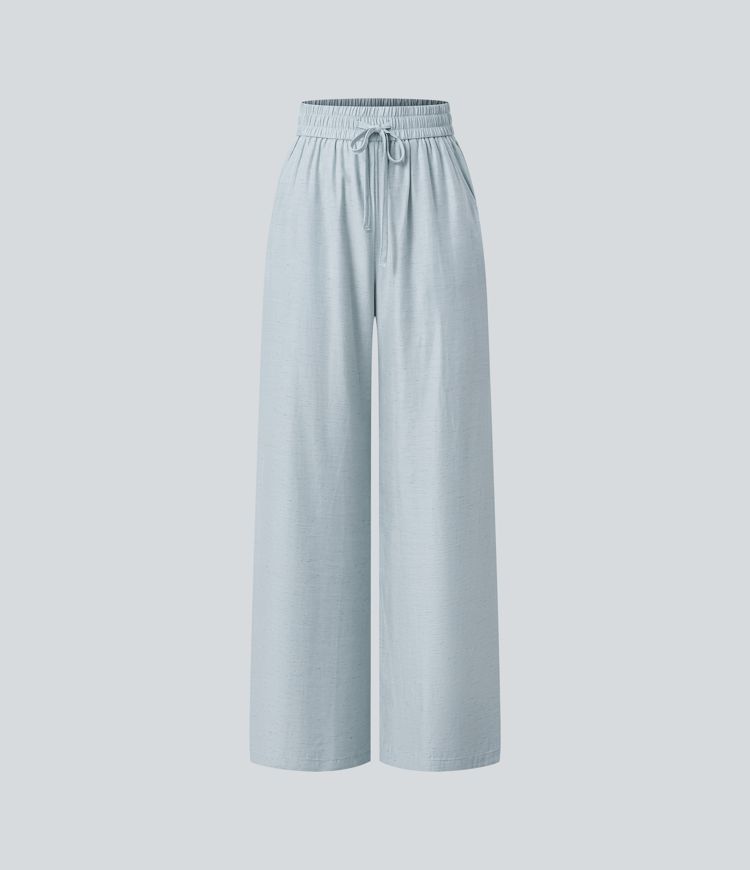 Pantalon casual large mélange lin taille haute avec cordon de serrage et poches