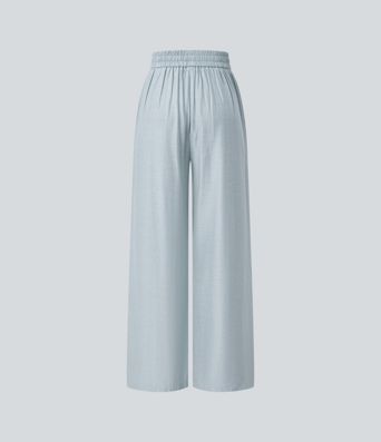 Pantalon casual large mélange lin taille haute avec cordon de serrage et poches