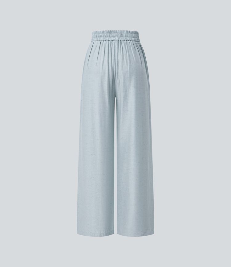 Pantalon casual large mélange lin taille haute avec cordon de serrage et poches