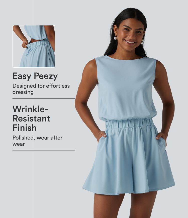 Wrinkle-Resistant Boat Neck Sleeveless Casual Chiffon Romper with Pockets-Easy Peezy Edition