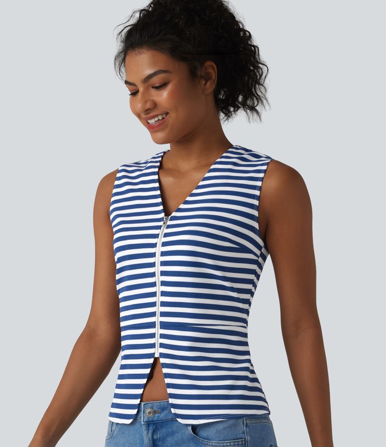 Lässige Weste mit V-Ausschnitt, Streifen und Waffelstoff