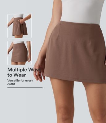 Wrinkle-resistant High Waisted Invisible Zipper Split 2-in-1 Work Skort with Pockets