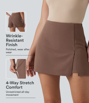 Wrinkle-resistant High Waisted Split A-line Work Skort with Pockets