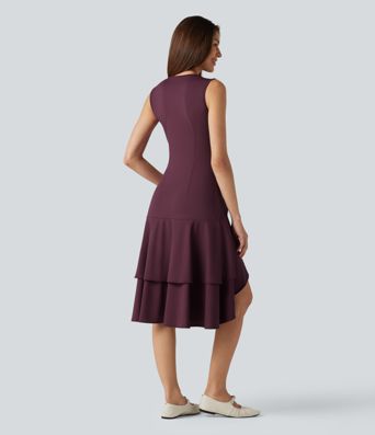 SoftlyZero™ Airy Round Neck Sleeveless Layered Ruffle Hem Cool Touch Midi Casual Dress