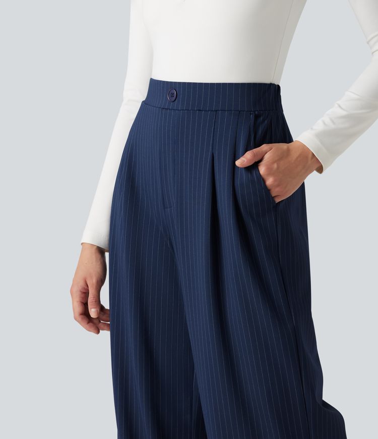 Pantalones de trabajo de pierna ancha y talle alto con botones decorativos, rayas y bolsillos