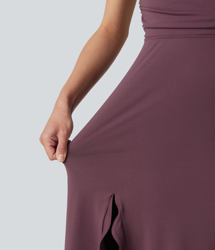 Crisscross Backless Split Ruffle Hem Built-in Bra Midi Party Flowy Dress