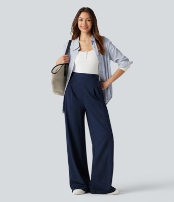 Pantalones de trabajo de pierna ancha y talle alto con botones decorativos, rayas y bolsillos