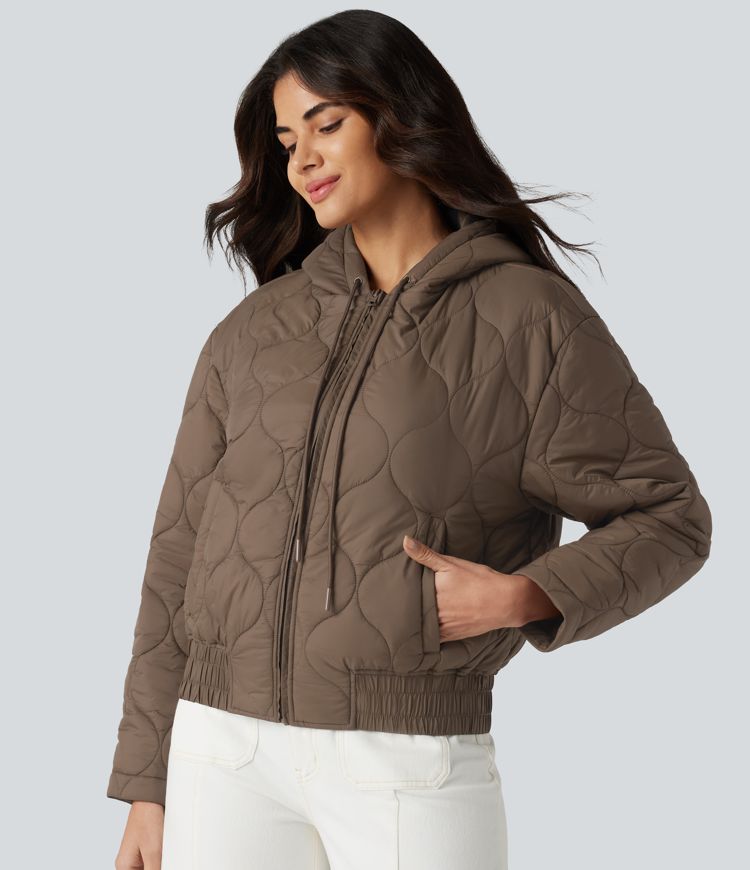 Hooded Drawstring Long Sleeve Casual Padded Jacket with Pockets