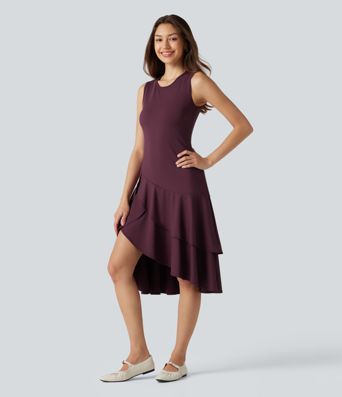 SoftlyZero™ Airy Round Neck Sleeveless Layered Ruffle Hem Cool Touch Midi Casual Dress