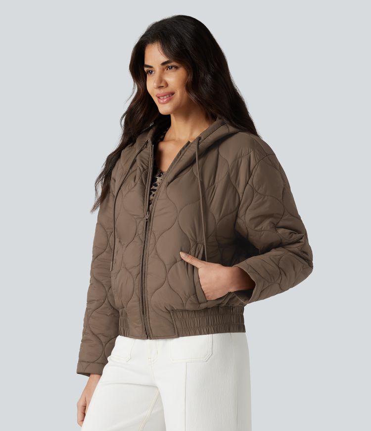 Hooded Drawstring Long Sleeve Casual Padded Jacket with Pockets