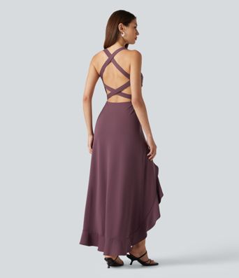 Crisscross Backless Split Ruffle Hem Built-in Bra Midi Party Flowy Dress