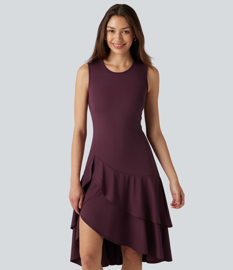 SoftlyZero™ Airy Round Neck Sleeveless Layered Ruffle Hem Cool Touch Midi Casual Dress