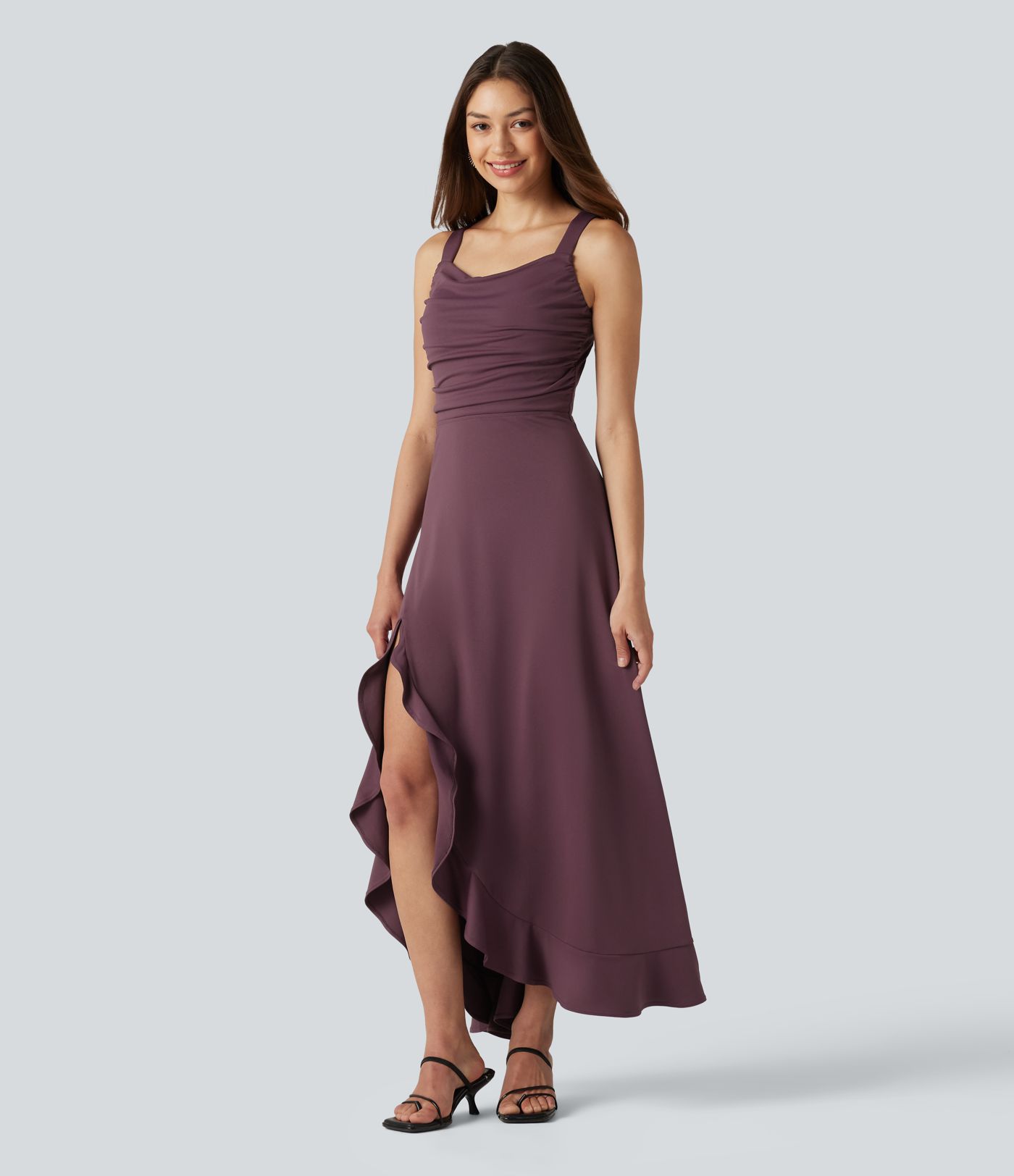 Crisscross Backless Split Ruffle Hem Built-in Bra Midi Party Flowy Dress