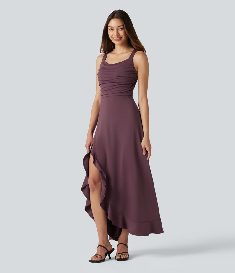 Crisscross Backless Split Ruffle Hem Built-in Bra Midi Party Flowy Dress