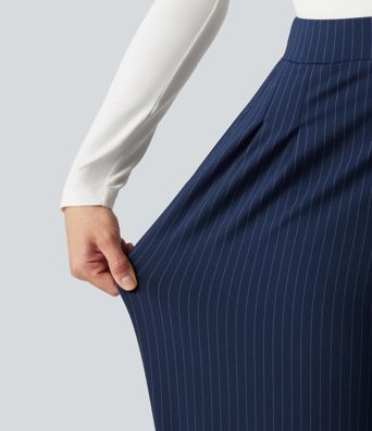 Pantalones de trabajo de pierna ancha y talle alto con botones decorativos, rayas y bolsillos