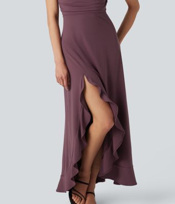 Crisscross Backless Split Ruffle Hem Built-in Bra Midi Party Flowy Dress