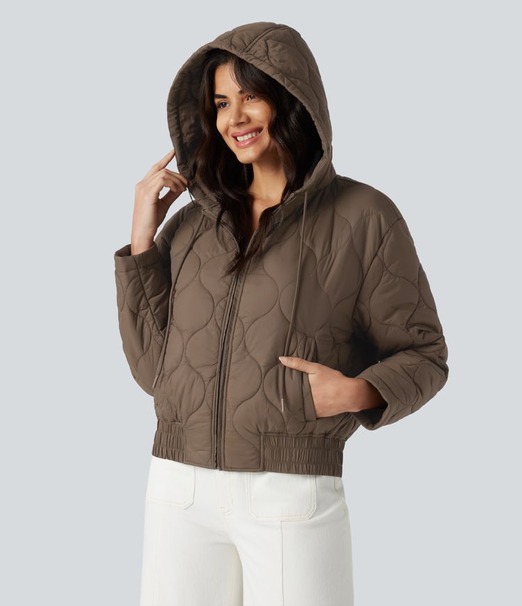 Hooded Drawstring Long Sleeve Casual Padded Jacket with Pockets