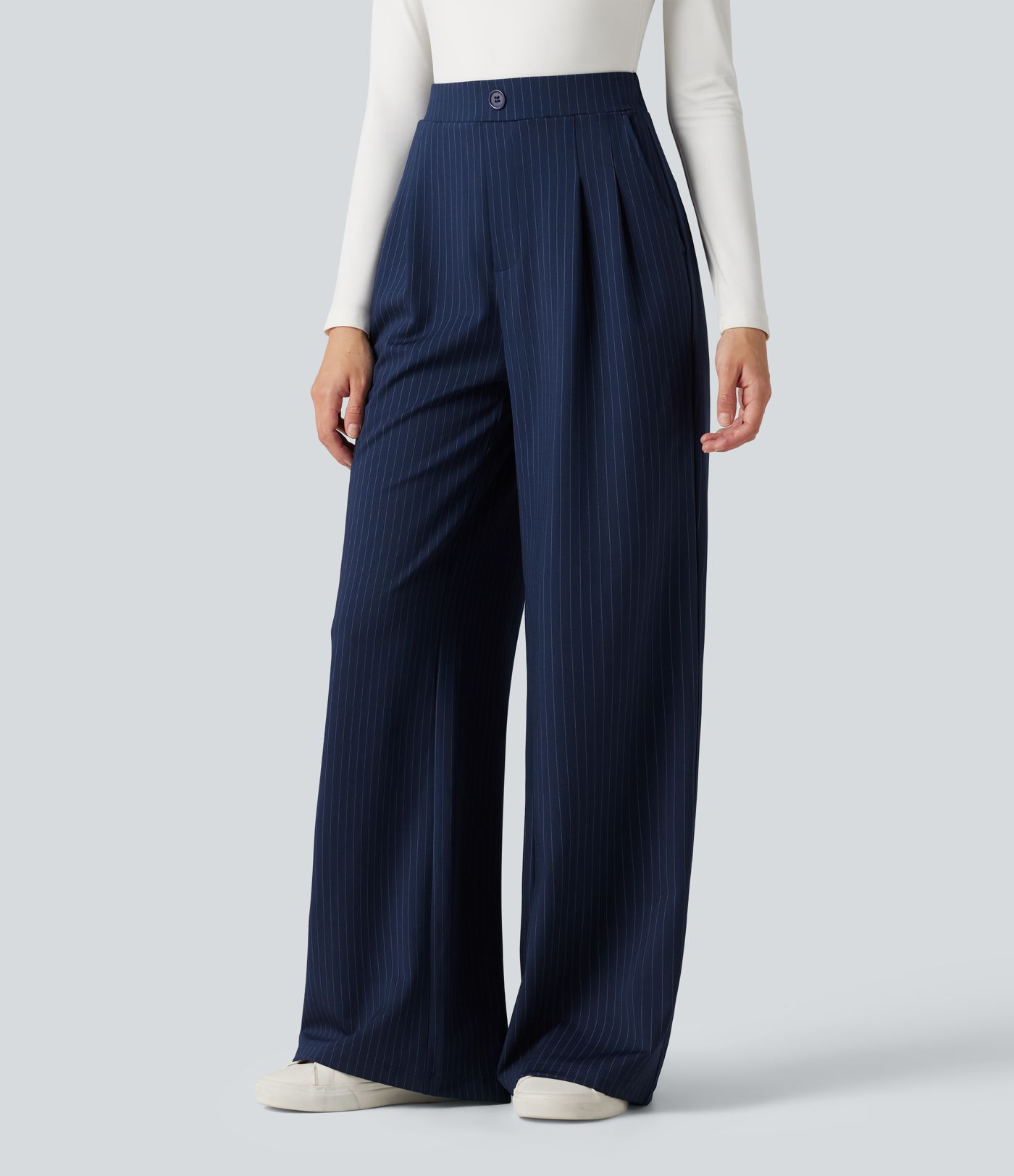 Pantalones de trabajo de pierna ancha y talle alto con botones decorativos, rayas y bolsillos