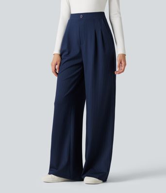 Pantalones de trabajo de pierna ancha y talle alto con botones decorativos, rayas y bolsillos