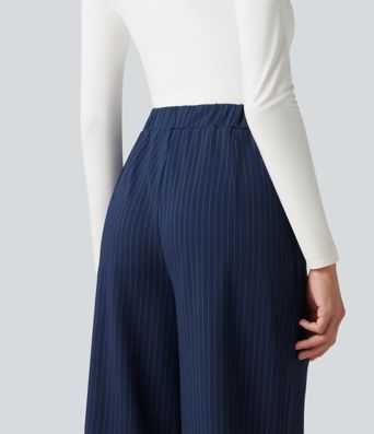 Pantalones de trabajo de pierna ancha y talle alto con botones decorativos, rayas y bolsillos