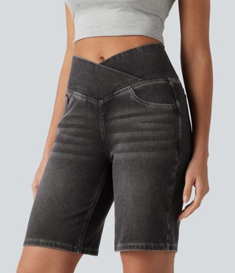 Short en jean Halara Flex™ casual gainant taille haute croisée avec poches