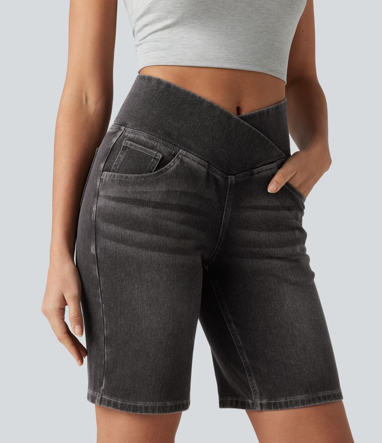 Short en jean Halara Flex™ casual gainant taille haute croisée avec poches