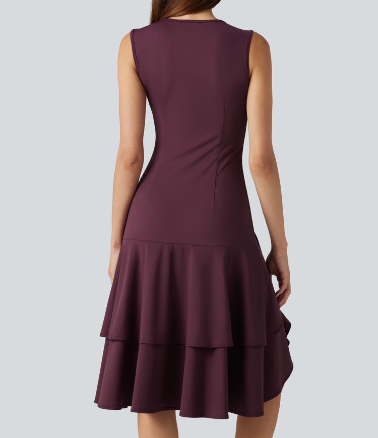 SoftlyZero™ Airy Round Neck Sleeveless Layered Ruffle Hem Cool Touch Midi Casual Dress