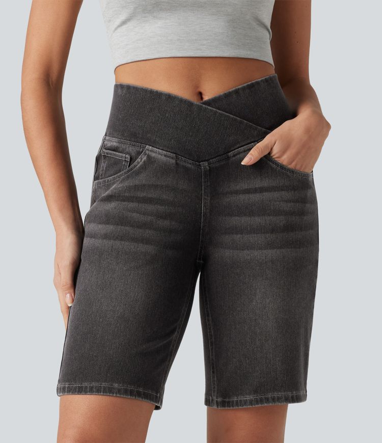 Short en jean Halara Flex™ casual gainant taille haute croisée avec poches