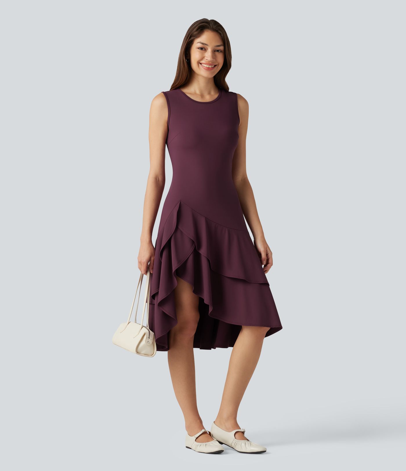 SoftlyZero™ Airy Round Neck Sleeveless Layered Ruffle Hem Cool Touch Midi Casual Dress