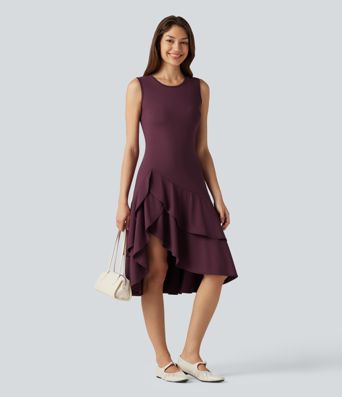 SoftlyZero™ Airy Round Neck Sleeveless Layered Ruffle Hem Cool Touch Midi Casual Dress