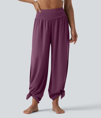 Breezeful™ High Waisted Ruched Split Quick Dry Resort Flowy Pants with Pockets
