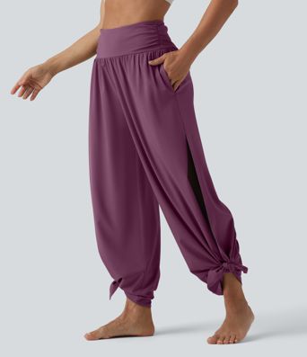 Breezeful™ High Waisted Ruched Split Quick Dry Resort Flowy Pants with Pockets