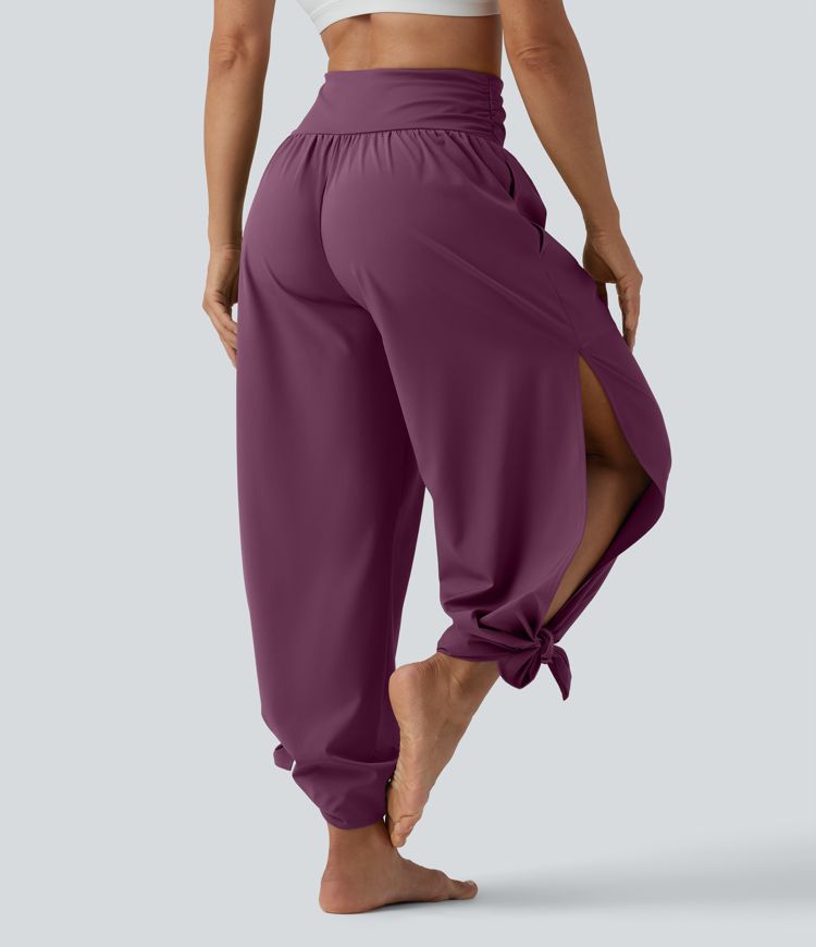 Breezeful™ High Waisted Ruched Split Quick Dry Resort Flowy Pants with Pockets